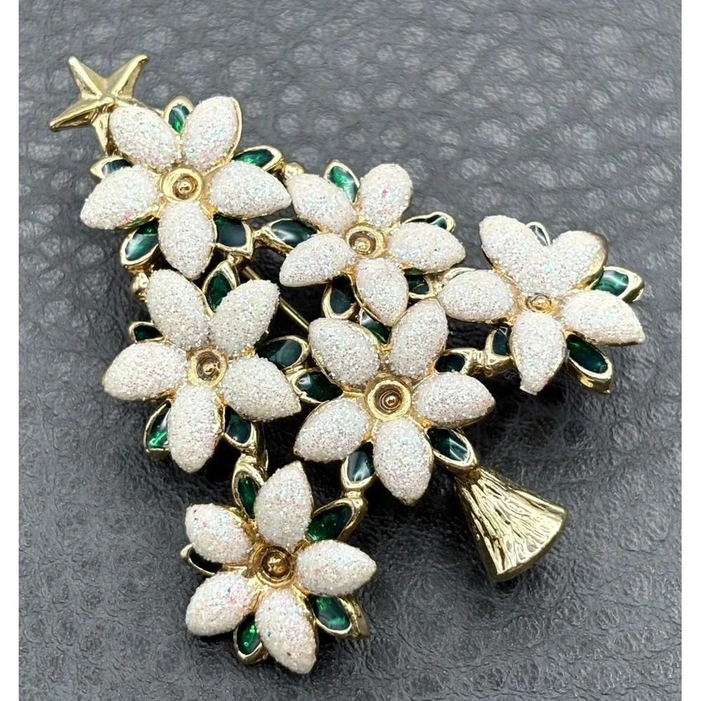 Vintage Unsigned Lia Lalique Flowers Tree Brooch Christmas Glitter Book Piece
